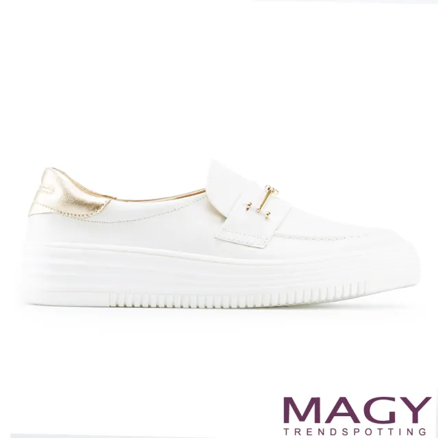 【MAGY】雙皮革金屬飾條厚底休閒鞋(白色)