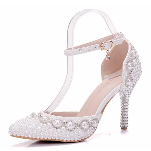 【Sp house】甜蜜婚禮華麗珍珠一字扣尖頭細高跟鞋(2色各2款可選)