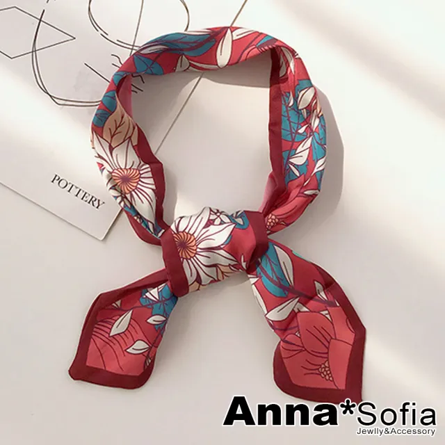 【AnnaSofia】仿絲領巾絲巾圍巾-花藤雙面圖 窄版緞面 現貨(桔梗酒紅系)