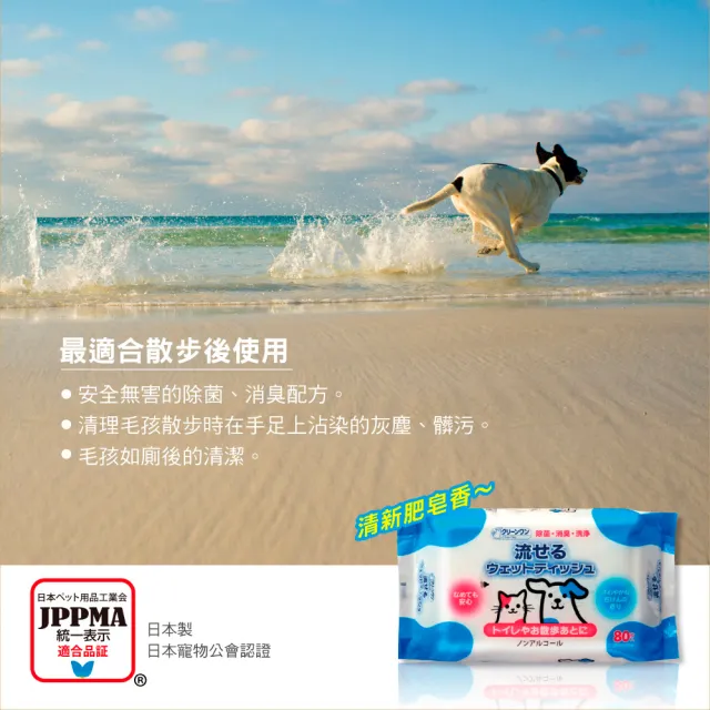 【Clean one】皂香寵物除菌濕紙巾80張-6入量販組(小動物犬貓通用/寵物清潔/可沖馬桶/日本製)