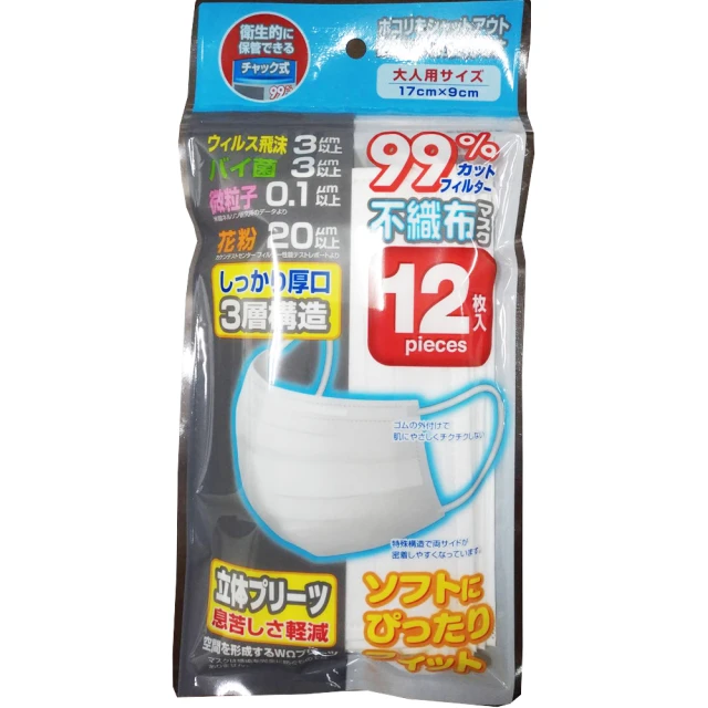 日本空運進口 成人口罩大人口罩三層不織布3包（12枚/包）(男性成人 大學生 女性成人 高中生 都可)