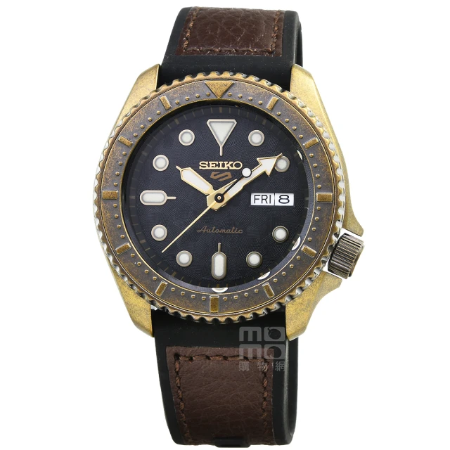 【SEIKO 精工】精工復古5號機械膠帶腕錶-黑面銅色錶殼(SRPE80K1)