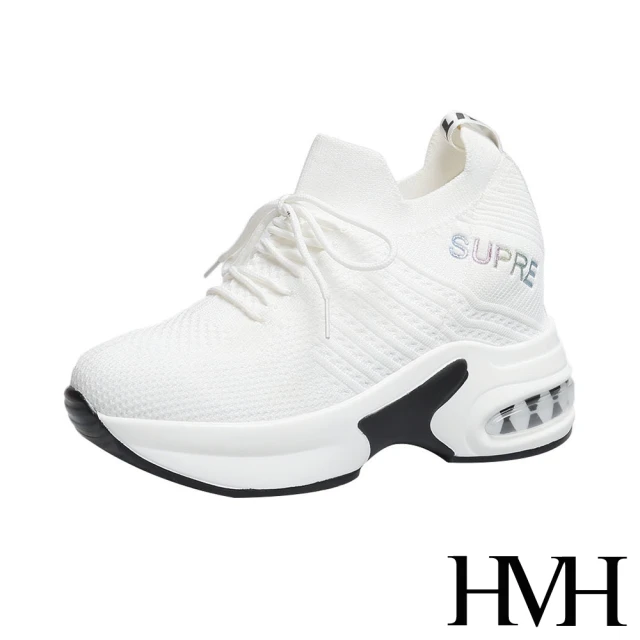 【HMH】立體織紋彈力舒適飛織印字氣墊內增高厚底休閒鞋(白)