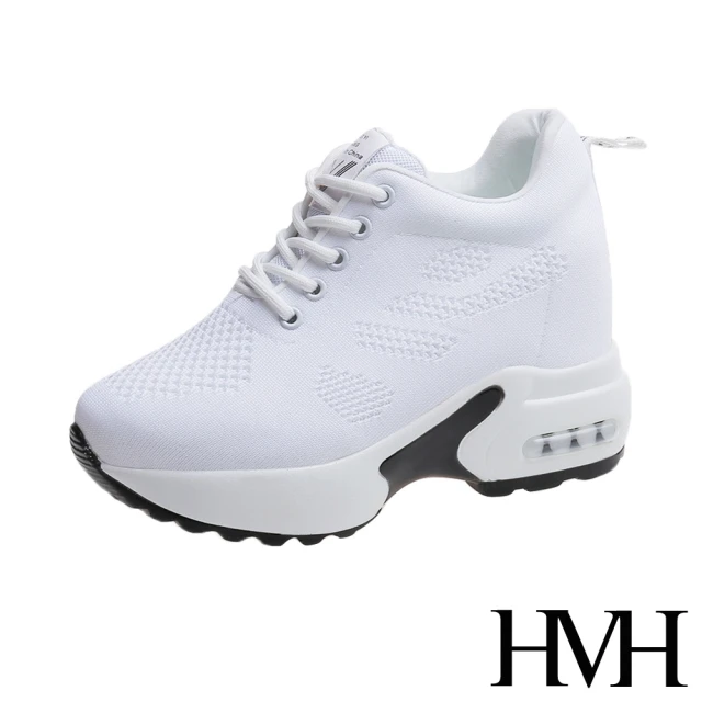 【HMH】舒適透氣飛織英文印字織帶拼接氣墊內增高厚底休閒鞋(白黑)