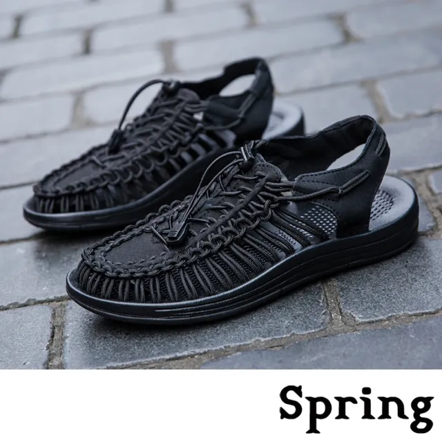 【SPRING】時尚縷空復古彈力繩編織造型休閒涼鞋(黑)
