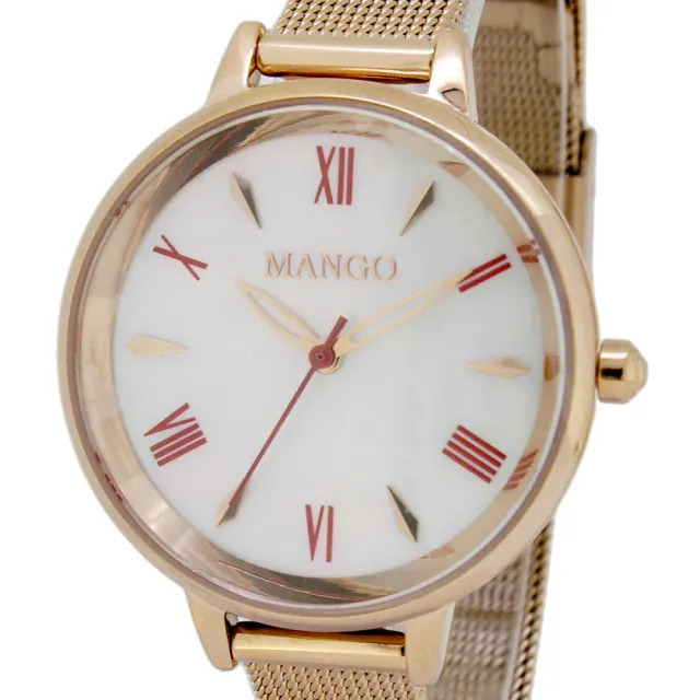 【MANGO】亮麗雙色簡約腕錶-MA6764L-15R(珍珠白*櫻桃紅/30mm)