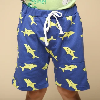 【Azio Kids 美國派】男童  短褲 滿版鯊魚印花休閒運動短褲(藍)