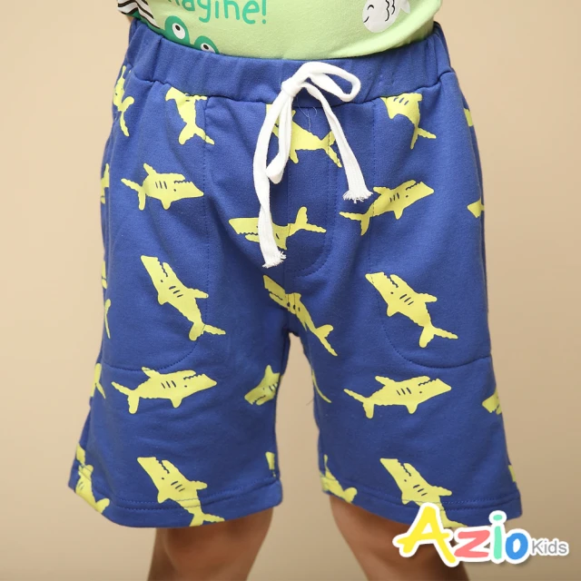 【Azio Kids 美國派】男童  短褲 滿版鯊魚印花休閒運動短褲(藍)