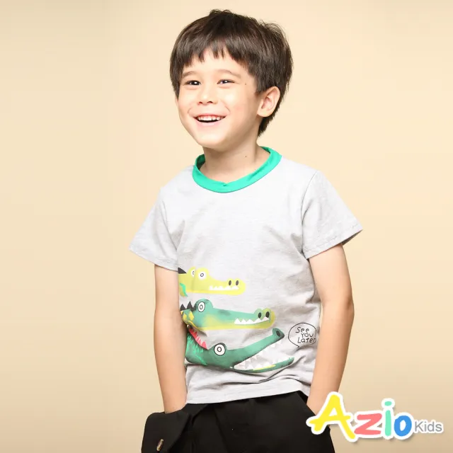 【Azio Kids 美國派】男童 上衣 三隻鱷魚印花圓領配色短袖T恤(灰)