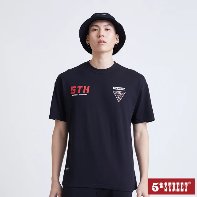【5th STREET】男潮流貼布刺繡短袖T恤-黑色