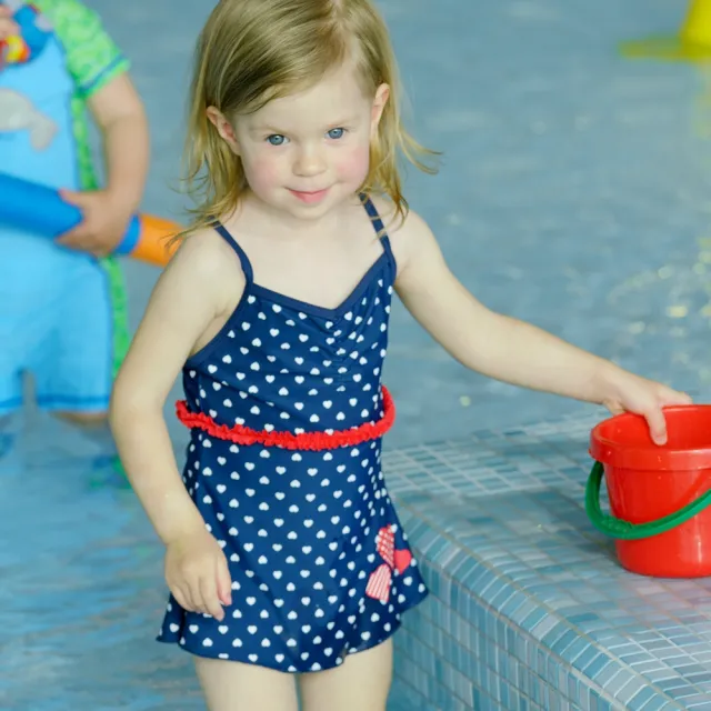 【Playshoes】抗UV防曬兒童連身泳裝-愛心荷葉邊裙(認證UPF50 洋裝式泳衣)