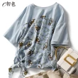 【初色】時尚復古印花綁帶T恤上衣女上衣-淺藍色-96204(M-2XL可選)