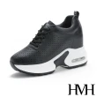 【HMH】真皮舒適輕量厚底氣墊內增高純色水玉沖孔縷空休閒鞋(黑)