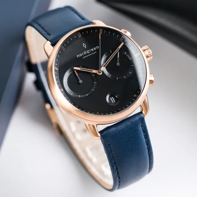 【Nordgreen】ND手錶 先鋒 Pioneer 42mm 玫瑰金殼×黑面 北歐藍真皮錶帶(PI42RGLENABL)