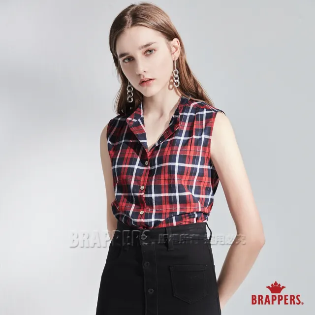 【BRAPPERS】女款 立領無袖格紋襯衫(紅)