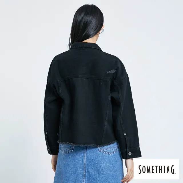 【SOMETHING】女裝 短版下襬不收邊牛仔外套(黑色)