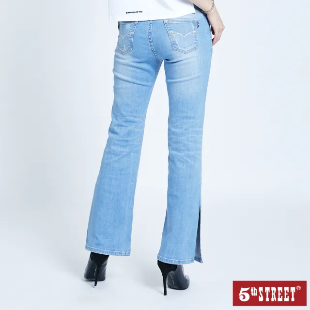 【5th STREET】雙11 女微磨破超彈喇叭開叉褲-拔洗藍