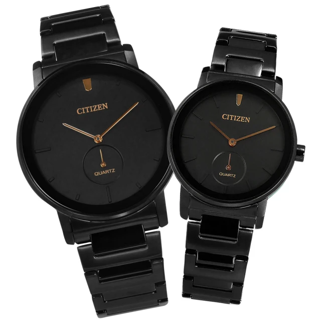 【CITIZEN 星辰】簡約時尚 日本機芯 不鏽鋼手錶 情人對錶 鍍黑 42mm+34mm(BE9187-53E.EQ9065-50E)