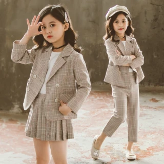 【小衣衫童裝】秋冬季中大童女孩雙排扣西裝外套二件式套裝(1090906)