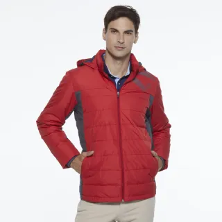 【Lynx Golf】男款防潑水防風保暖科技羽絨Lynx印花連帽可拆式長袖外套(紅色)