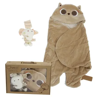 【Oragnic】有機棉超值2件式禮盒-貓頭鷹包巾+大象音樂鈴/嬰兒包巾禮盒(禮盒裝)