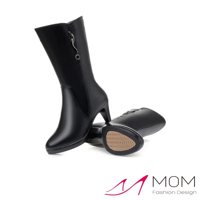 【MOM】真皮中筒靴 高跟中筒靴/真皮質感牛皮典雅鑽飾造型高跟中筒靴(黑)