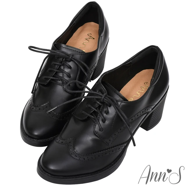 【Ann’S】英倫甜心2.0厚底-綁帶牛津雕花粗跟踝靴7cm(黑)