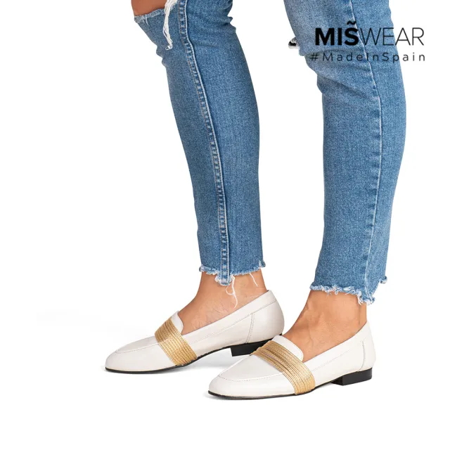 【MISWEAR】女-平底鞋-MISWEAR 真皮金飾寬版樂福鞋-時尚白