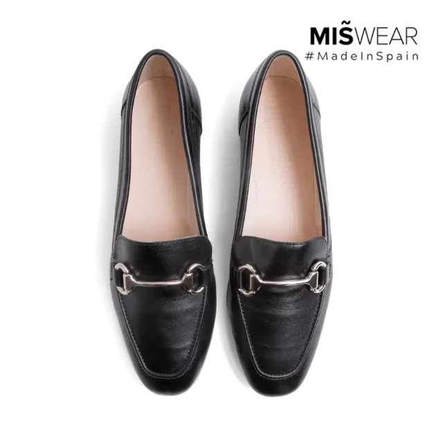 【MISWEAR】女-平底鞋-MISWEAR 真皮馬銜釦寬版樂福鞋-百搭黑