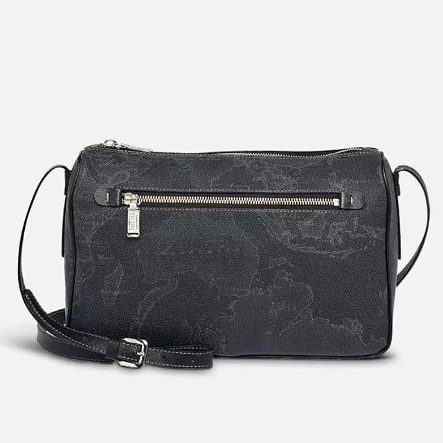 【Alviero Martini】義大利地圖包 橫式拉鍊斜側背包-中(地圖黑)