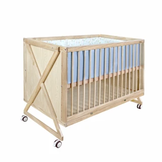 【PUKU 藍色企鵝】Growth成長多功能嬰兒床木色120*65cm(含藍色6件寢具組+床墊)