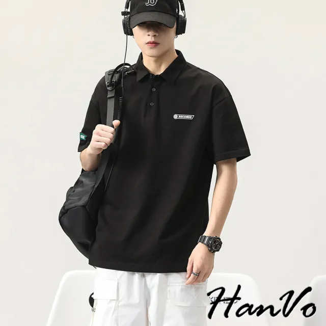 【HanVo】現貨 男款RECOBDS日系POLO短袖上衣(透氣舒適潮流 韓版夏季T恤 男生衣著 B1067)