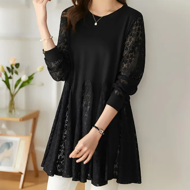 【麗質達人】169黑色蕾絲拼接假二件上衣-AA(L-5XL)