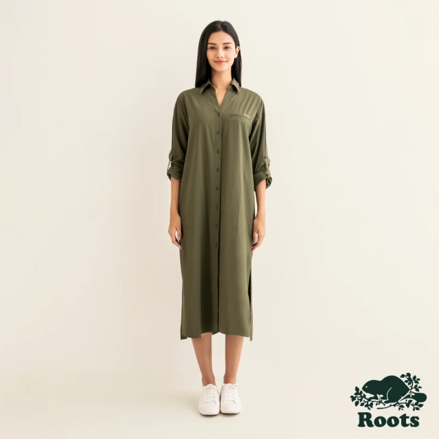 Roots Roots女裝-都會探索系列 環保材質彈性襯衫洋裝(橄欖綠)