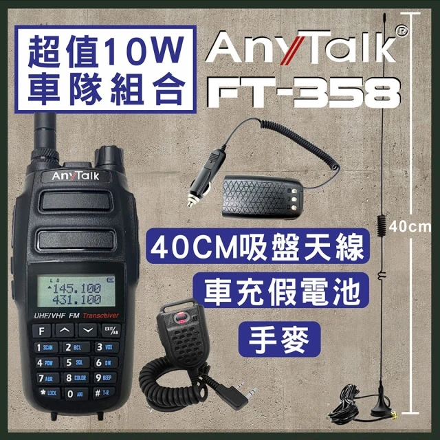 【AnyTalk】車隊組合 10W FT-358對講機(贈40cm吸盤天線+車用假電池+手持麥克風)