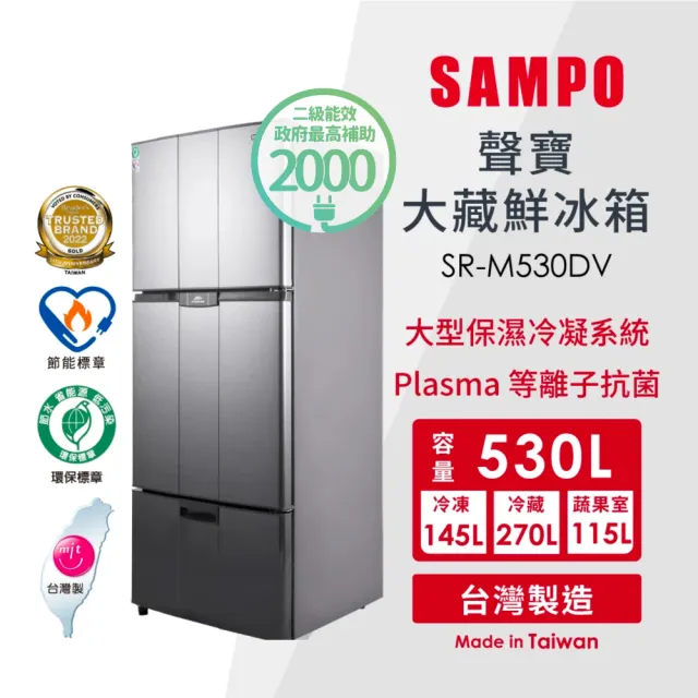 【SAMPO 聲寶】享退貨物稅2000元★530公升二級能效變頻右開三門冰箱(SR-M530DV)