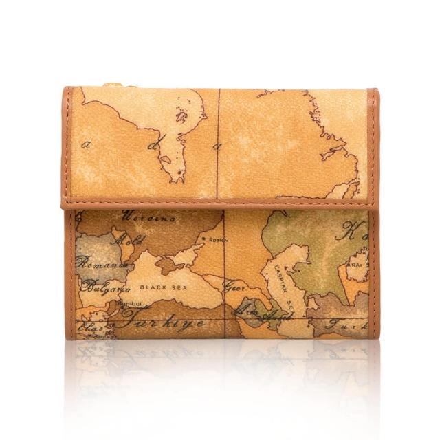 【Alviero Martini】義大利地圖包 扣式6卡拉鍊零錢短夾(地圖黃)