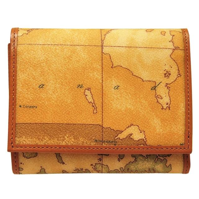 【Alviero Martini】義大利地圖包 扣式8卡拉鍊零錢短夾(地圖黃)