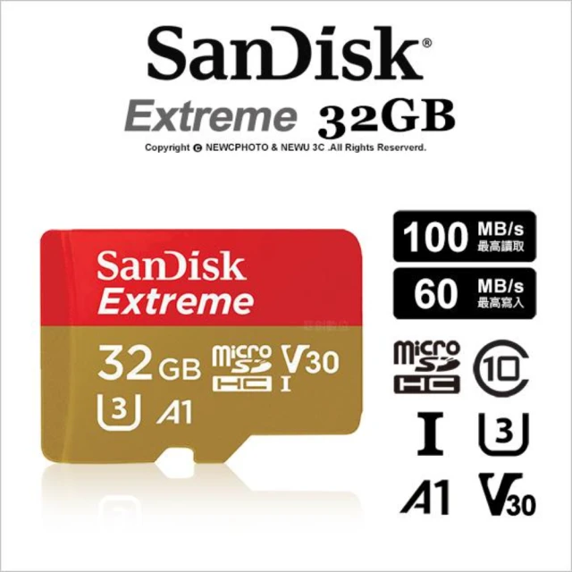 【SanDisk 晟碟】〔速遊升級版〕Extreme microSD 4k U3 32GB記憶卡 100MB/s(32G Extreme MicroSd 記憶卡)