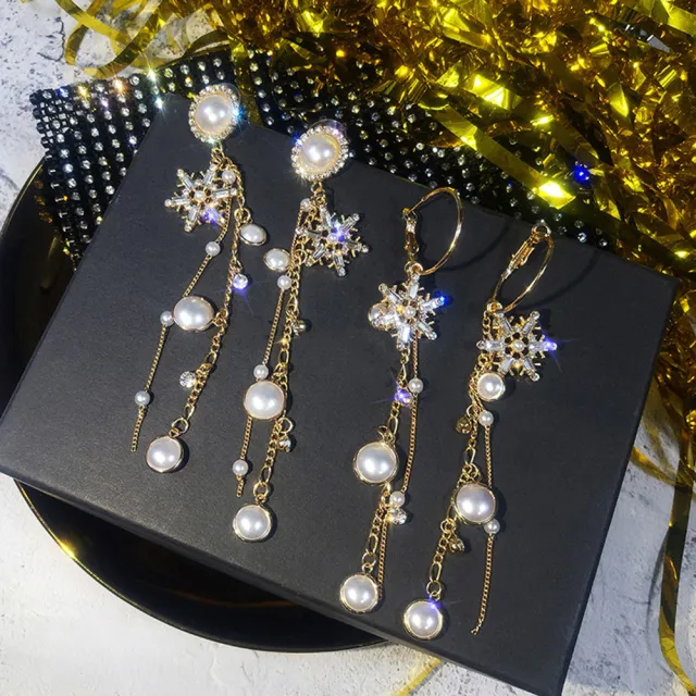 【I.Dear Jewelry】韓系飾品-閃耀復古雪花珍珠鑲鑽垂墜流蘇925銀耳針耳扣耳環(2款)
