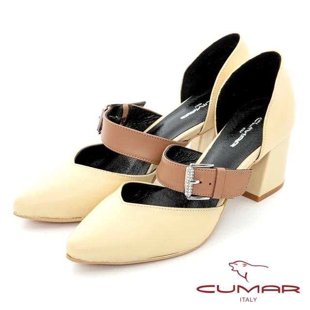 【CUMAR】兩截式腳背帶粗跟鞋(米色)