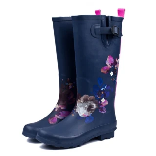 【Sp house】藏青花朵天然橡膠低跟女長筒雨靴(2色可選)