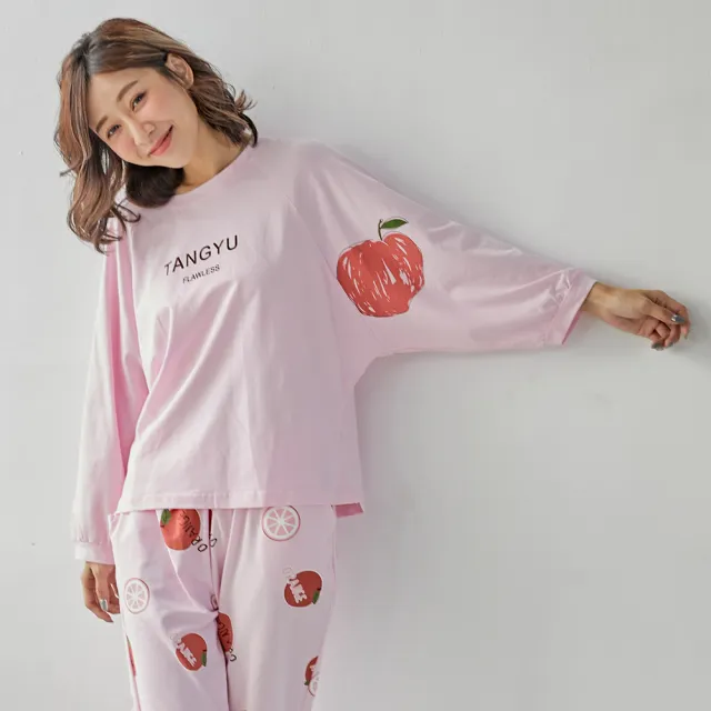 【Wonderland】香甜橘子棉質長袖衣褲組(睡衣/女睡衣/兩件式睡衣/居家睡衣/長袖睡衣)