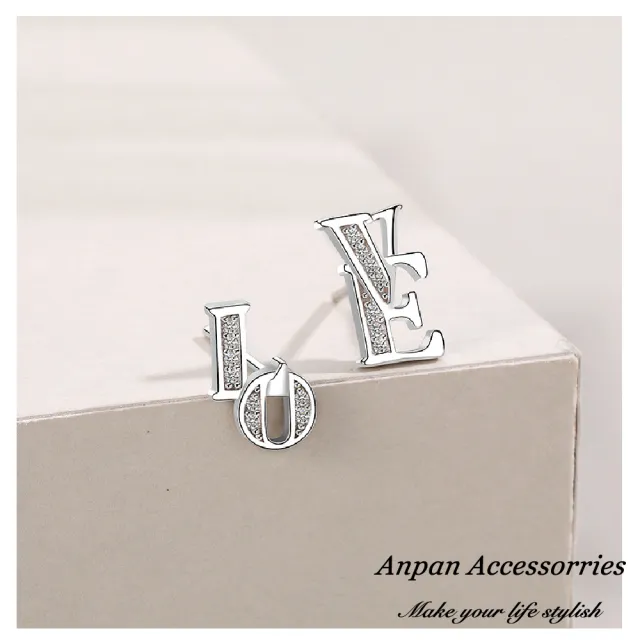 【Anpan】S925純銀飾 韓東大門LOVE珍愛鑽石耳釘式耳環