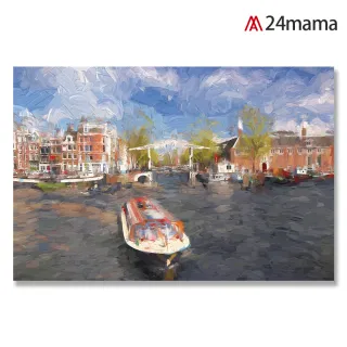 【24mama 掛畫】單聯式 油畫布 歐洲荷蘭 繪畫藝術 城市建築 船 河水 無框畫-60x40cm(阿姆斯特丹港)