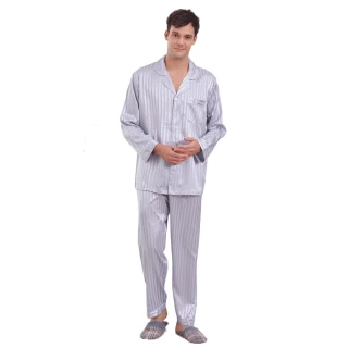 【蕾妮塔塔】經典條紋 彈性珍珠絲質男性長袖兩件式睡衣(R98221-6灰)