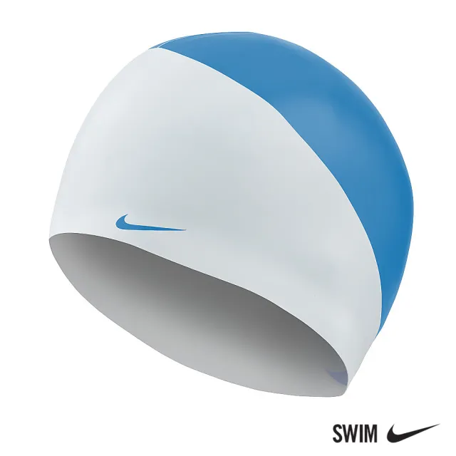 【NIKE 耐吉】SWIM 男女 矽膠泳帽 運動 機能 SLOGAN 藍白 NESS9164-458