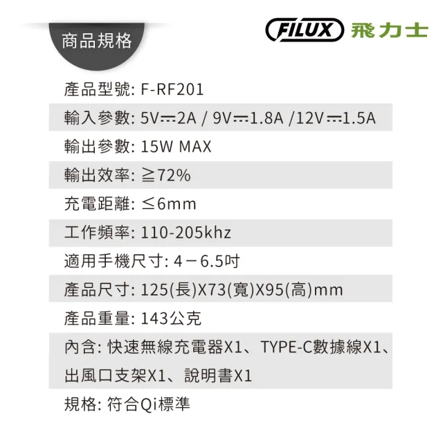【FILUX 飛力士】15W車用 Qi無線充電 電動支架 F-RF201(台灣NCC/BSMI認證)