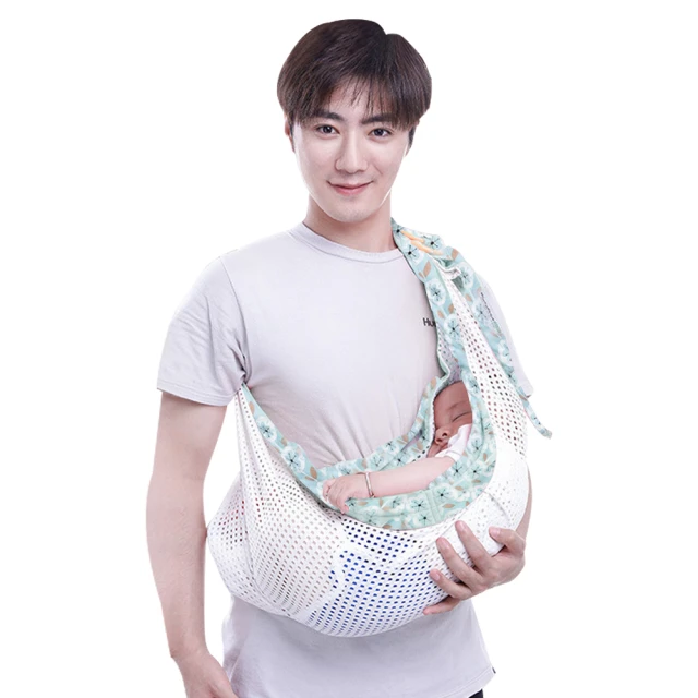 【JoyNa】嬰兒背巾背帶哺乳巾寶寶子宮型背巾(透氣款花邊藍色)