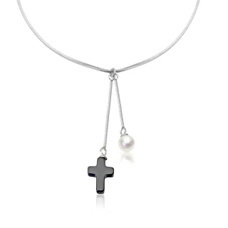 【大東山珠寶】氣質黑瑪瑙十字架 925銀 天然珍珠項鍊(時尚淡水珍珠瑪瑙)